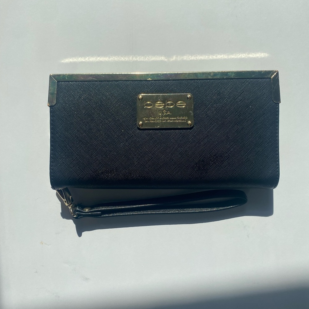 Bebe Black Wristlet with Gold Details